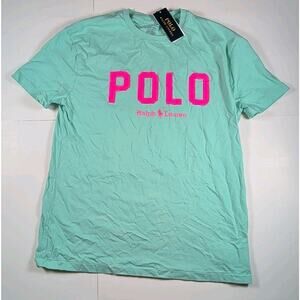NWT Polo Ralph Lauren Men's Small Classic Fit B Green T-Shirt Pink Spellout Logo